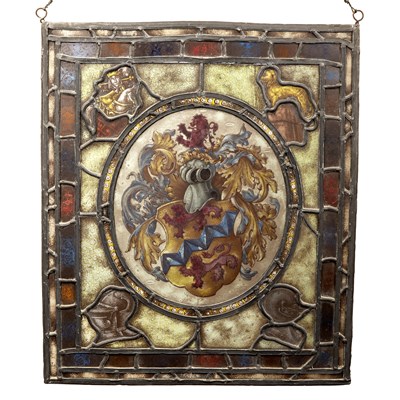 Lot 293 - Stained and leaded glass window panel 19th...