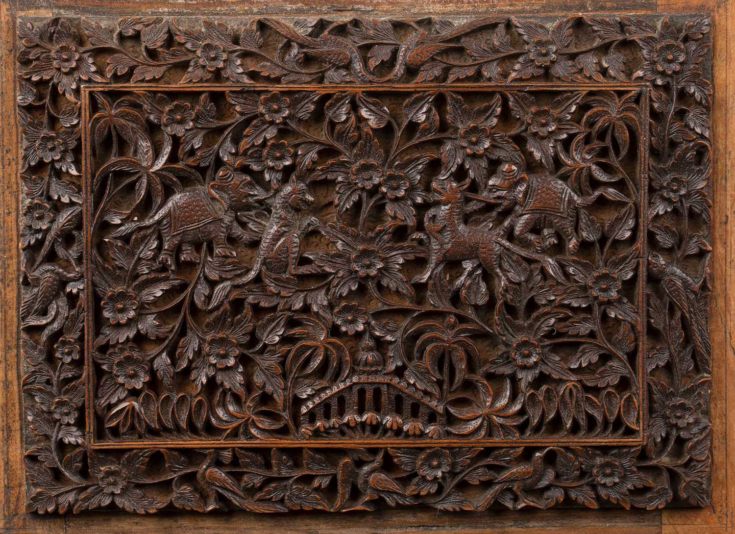 Lot 55 - Framed Burmese carved panel with open-fretwork...