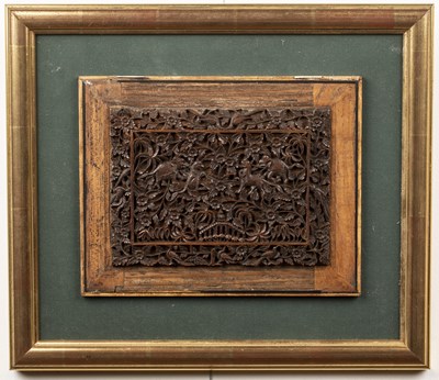 Lot 55 - Framed Burmese carved panel with open-fretwork...