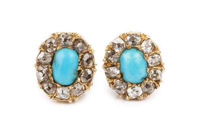 Lot 12 - A pair of turquoise and diamond ear studs,...
