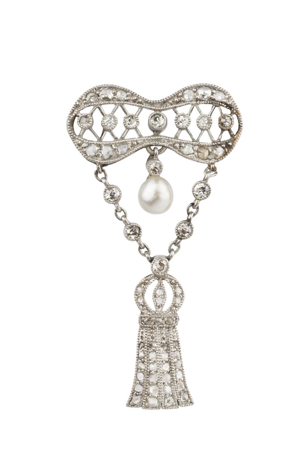 Lot 18 - A diamond and pearl brooch, the shaped...
