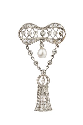 Lot 18 - A diamond and pearl brooch, the shaped...