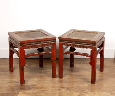 Lot 24 - Pair of red lacquer stands Chinese, decorated...