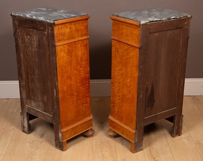 Lot 214 - A pair of Continental marble-topped burr maple bedside cabinets