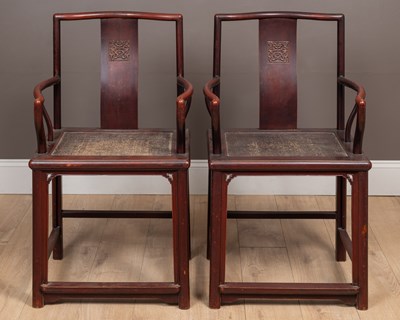 Lot 54 - A pair of Chinese red lacquered elbow chairs