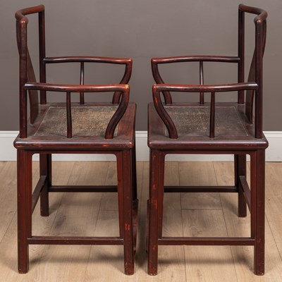 Lot 54 - A pair of Chinese red lacquered elbow chairs