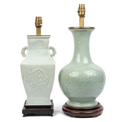 Lot 357 - Two Chinese style celadon glazed table lamps