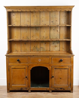 Lot 88 - Pine kitchen dresser in two parts, fitted with...