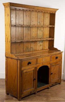 Lot 88 - Pine kitchen dresser in two parts, fitted with...