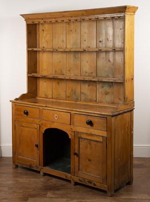 Lot 88 - Pine kitchen dresser in two parts, fitted with...