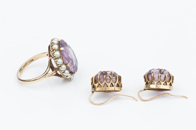 Lot 108 - A 9ct gold, amethyst and pearl dress ring, the...