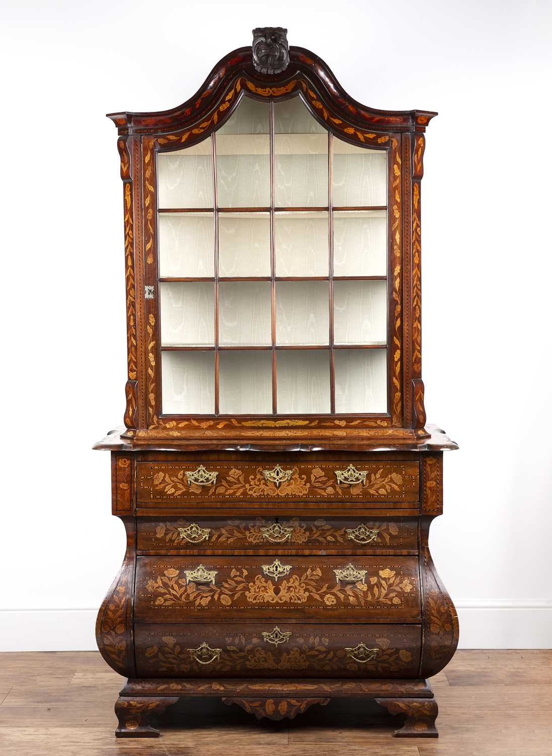 Lot 101 - Dutch marquetry inlaid bombe display cabinet...