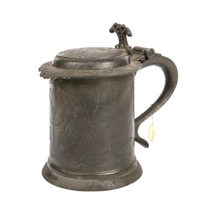 Lot 8 - A 17th century wriggle work pewter flat lidded...