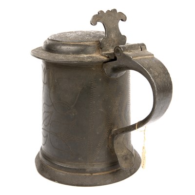 Lot 8 - A 17th century wriggle work pewter flat lidded...