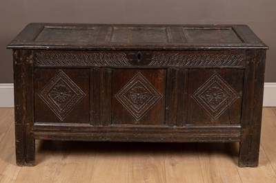 Lot 310 - An 18th century oak chest or coffer