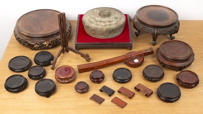 Lot 389 - Collection of hardwood stands and a bronze...