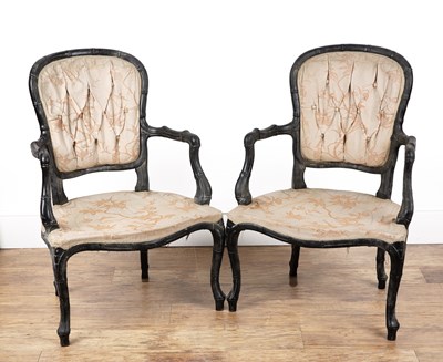 Lot 31 - Pair of simulated ebonised bamboo armchairs...