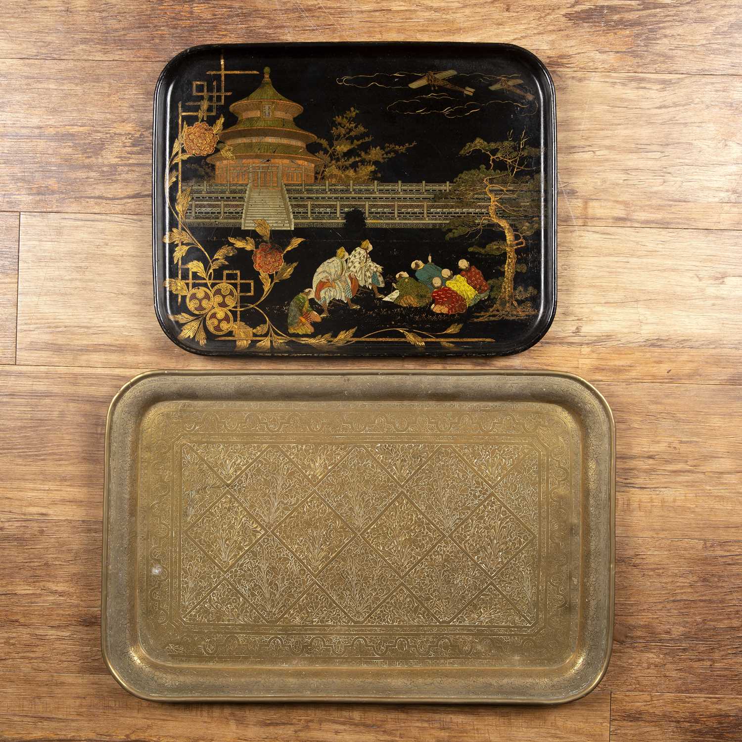 Lot 351 - Brass engraved rectangular tray Indian, with...