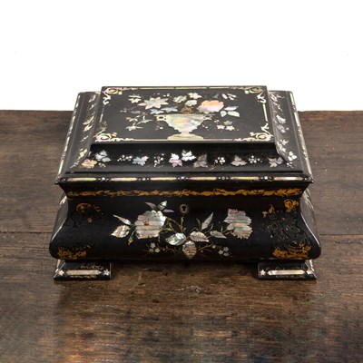 Lot 355 - Black lacquer and mother-of-pearl sewing box...