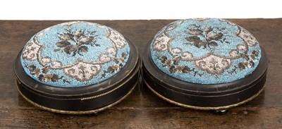 Lot 356 - Pair of ebonised and beadwork footstools...