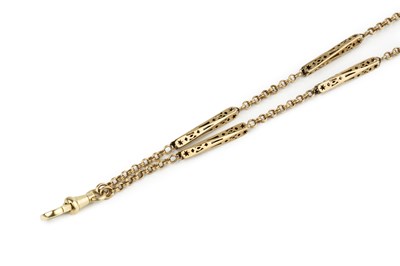 Lot 136 - A yellow metal fancy long chain, with pierced...
