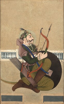 Lot 334 - Gouache miniature painting of an archer Indian,...