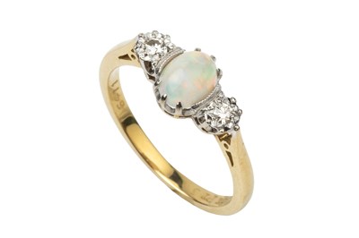 Lot 157 - An opal and diamond three stone ring, the...