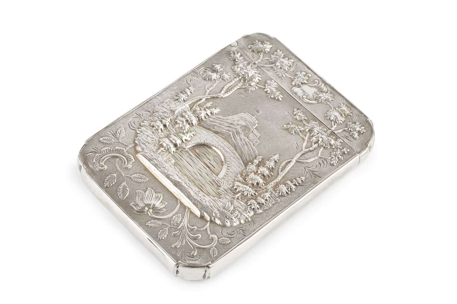 Lot A 19th century silver castle top card case,...