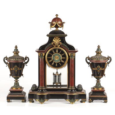 Lot 252 - A 19th century French mantle clock Garniture...