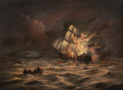 Lot 117 - W H Fletcher (19th century) A burning ship,...