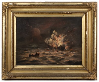 Lot 117 - W H Fletcher (19th century) A burning ship,...