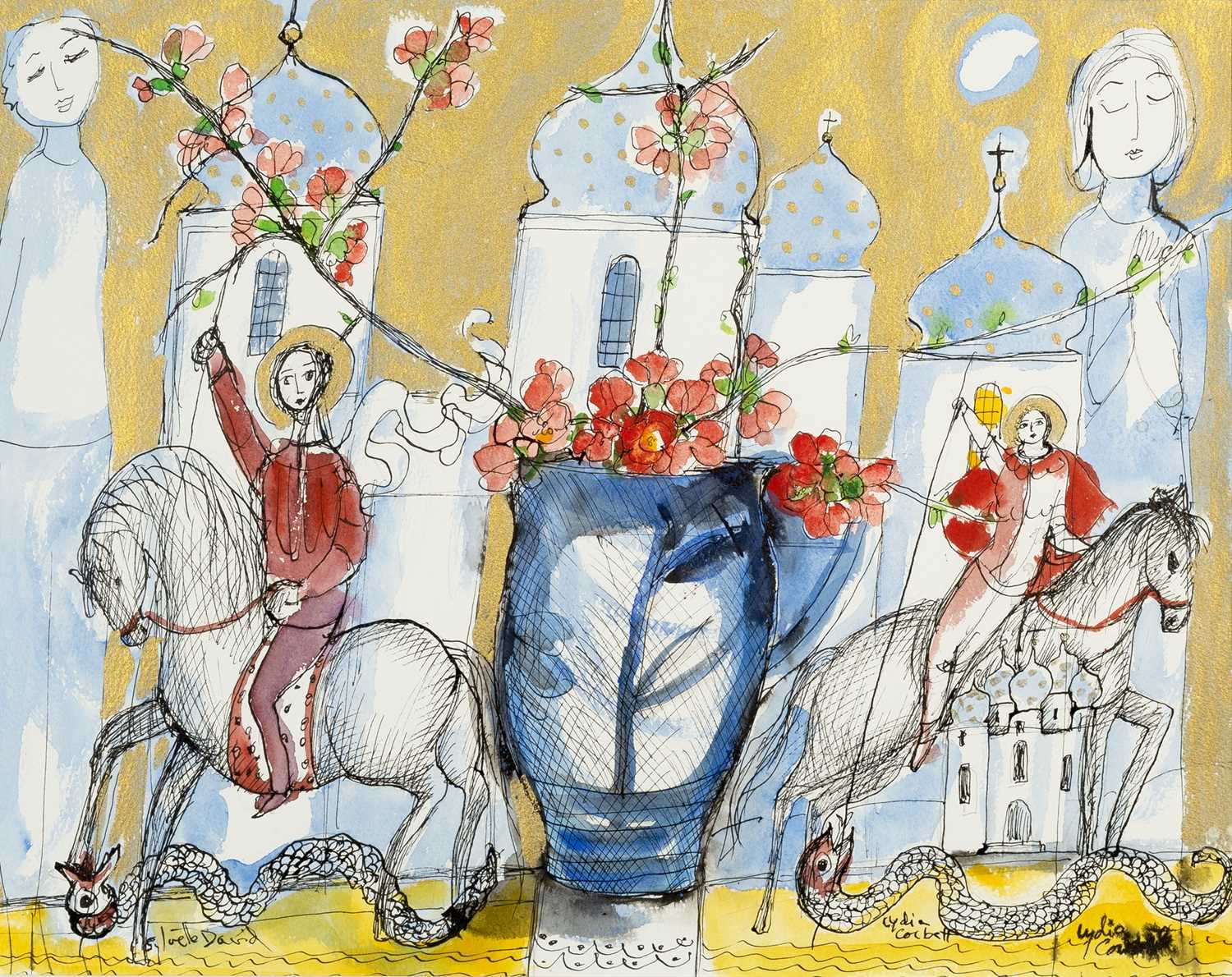 Lot 74 - Lydia Corbett (b.1934) Flowers and Riders...