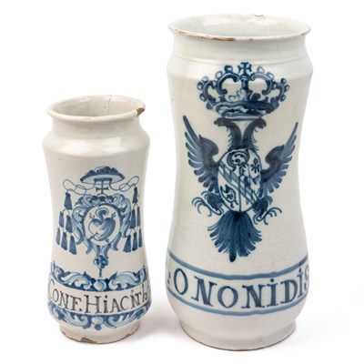 Lot 1094 - Two 19th century blue and white painted tin-glazed waisted Alberellos