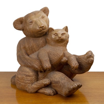 Lot 118 - R W (20th Century) 'Bear with cat', carved...