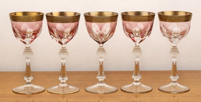 Lot 456 - Set of five Bohemian wine glasses with faceted...