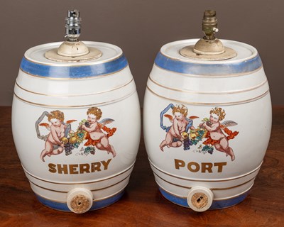 Lot 52 - A pair of table lamps converted from ceramic fortified wine barrels
