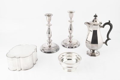 Lot 819 - A pair of silver plated three light candelabra,...