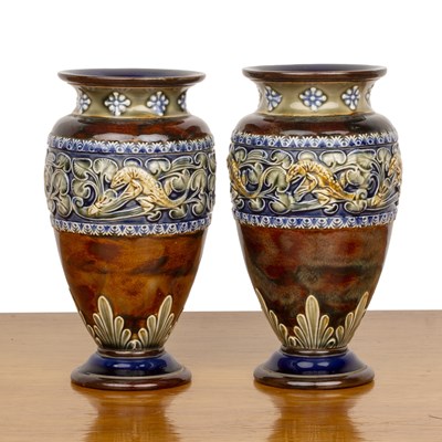 Lot 336 - Royal Doulton Lambeth Pair of oviform vases,...