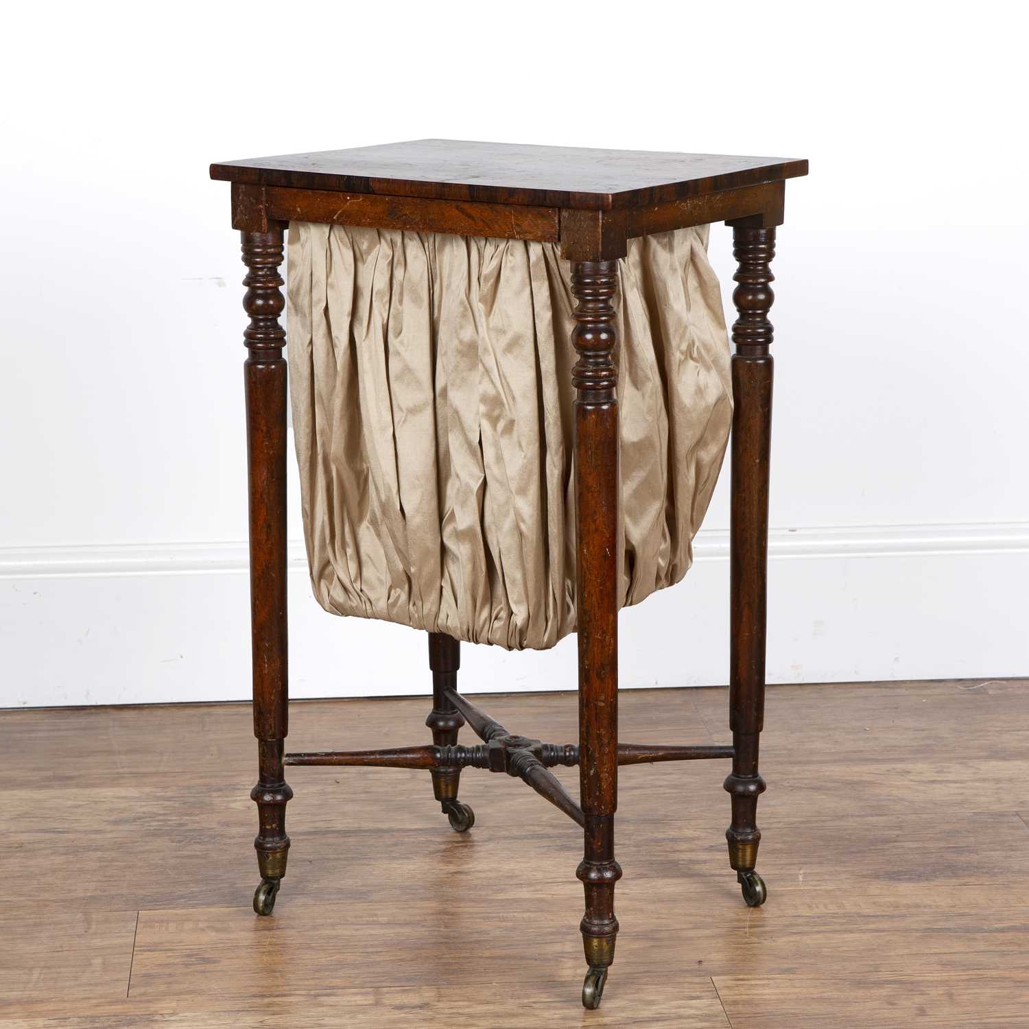 Lot 87 - Rosewood sewing table on turned supports, with...