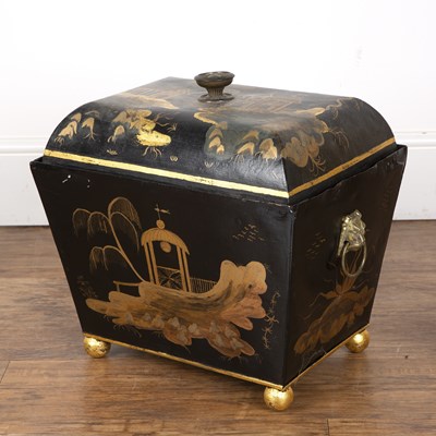 Lot 85 - Toleware coal scuttle black ground, with...