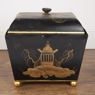 Lot 85 - Toleware coal scuttle black ground, with...