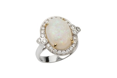 Lot 153 - An opal and diamond dress ring, the oval...