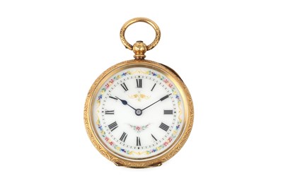 Lot 392 - A Swiss 18k gold fob watch, the white enamel...