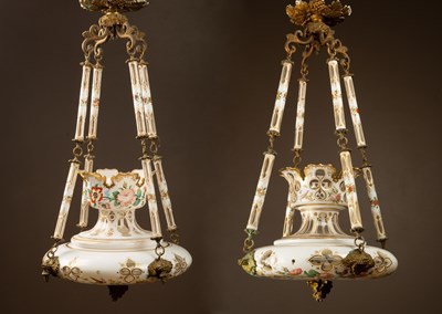 Lot 125 - A pair of opalescent glass chandeliers