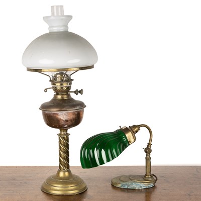 Lot 247 - Art Deco style brass reading lamp with green...