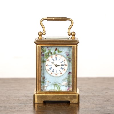 Lot 19 - Miniature brass carriage clock the face with...