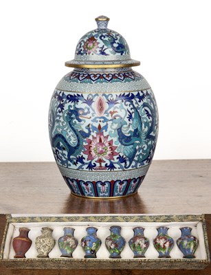 Lot 158 - Cloisonné lidded jar Chinese, sky blue ground,...