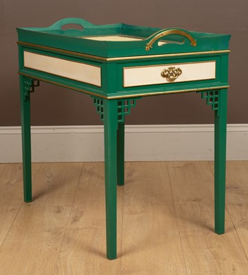 Lot 343 - A green, cream and gold painted Chinese style tray-top table