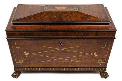 Lot 4 - A rosewood tea caddy with brass inlaid banding