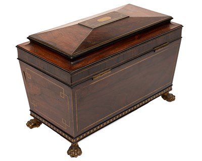 Lot 4 - A rosewood tea caddy with brass inlaid banding